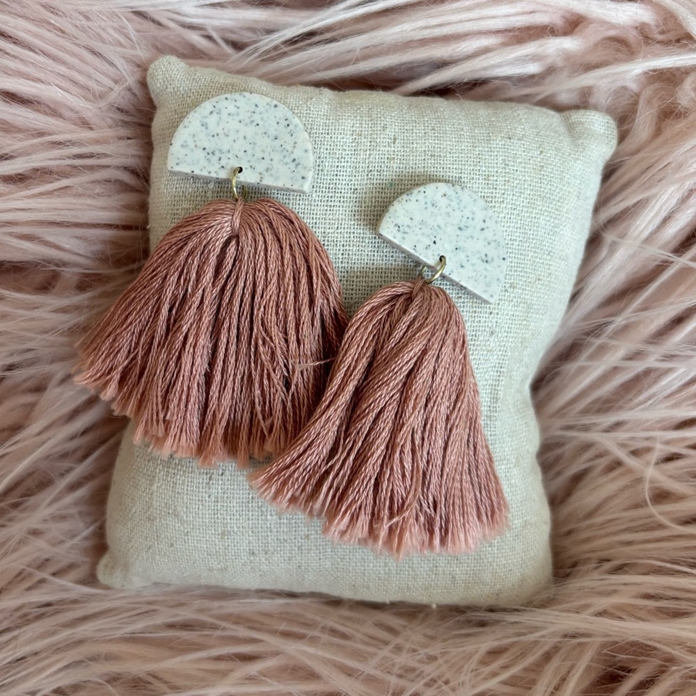 Pink Tassel Earrings with Speckled White Accents